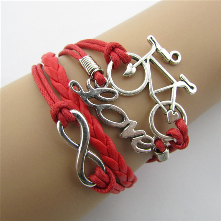 Retro Love Bicycle 8-character Multi Strand Fashion Bright Leather Rope Hand Woven Bracelet
