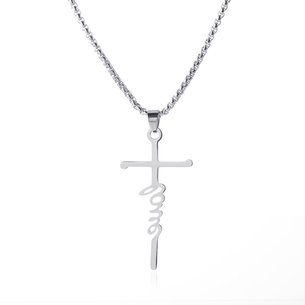 Silvery Letter Pendant Necklace Stainless Steel Cross Clavicle Chain Punk Disco Neck Chain