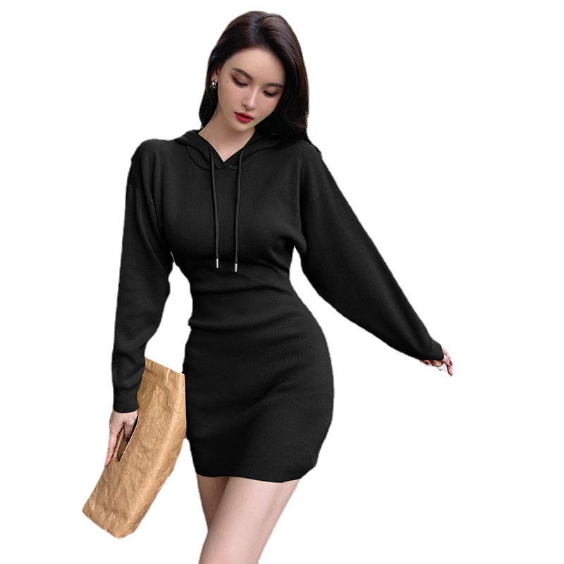 Black Autumn And Winter Hooded Sweater Short Skirt Wool Dress Knitted Dress  on Luulla