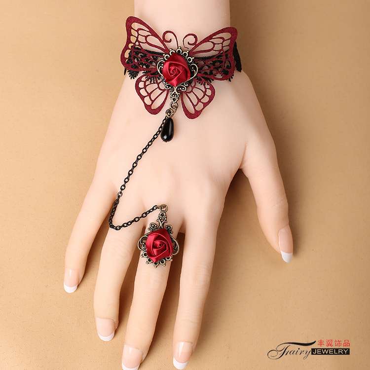 Exquisite Hollow Out Red Butterfly Lace Bracelet With Ring