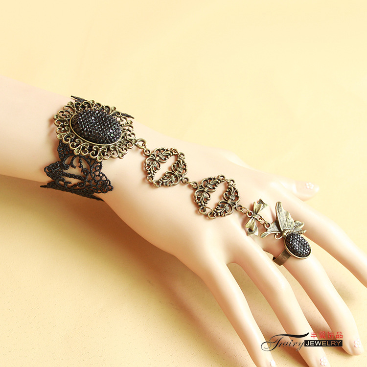 Black Delicate Butterfly Lace Bracelet with Ring Bracelet