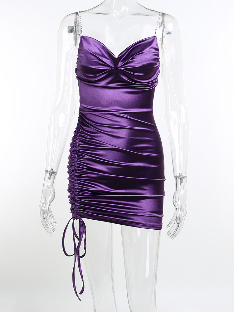 Purple Pleated Pile Collar Side Drawstring Dress