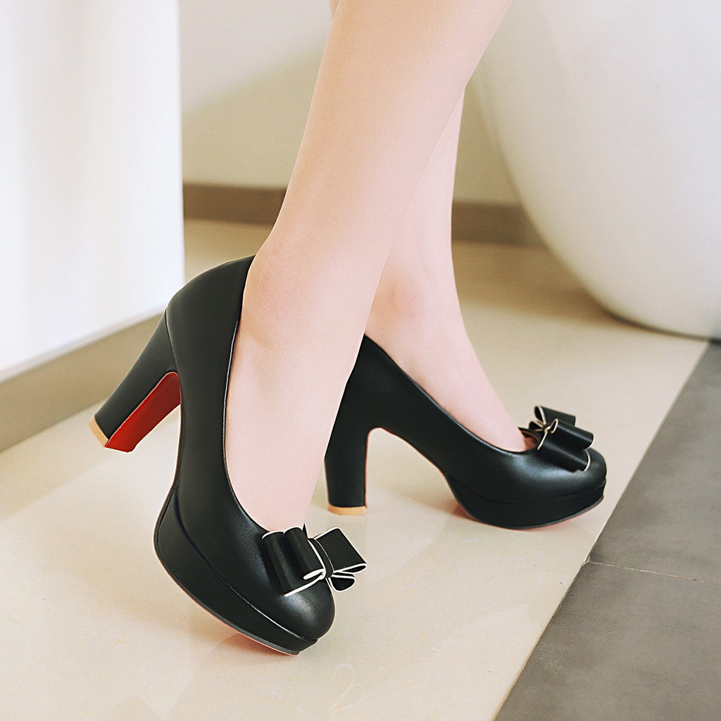 Black Sweet Candy Colored Low-cut Bowknot Chunky Heels Shoes