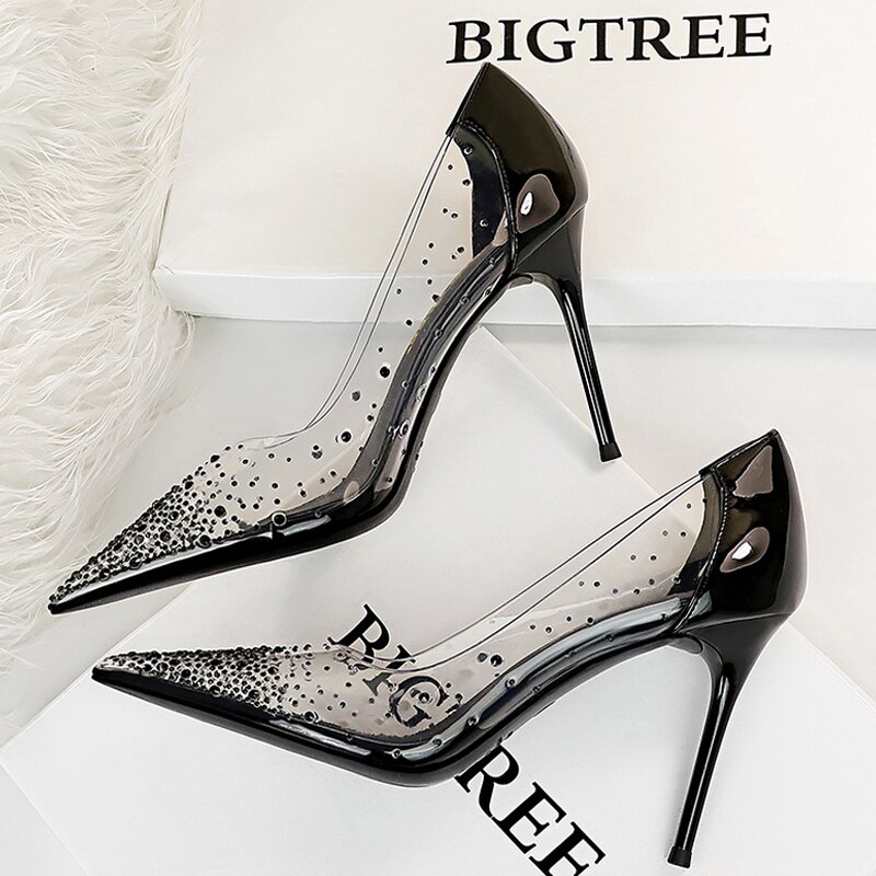 Black Pvc Transparent Heels Women Pumps Sparkle Rhinestones High Heels Sexy Party Shoes