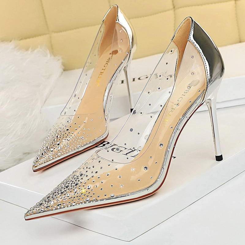 Silvery Pvc Transparent Heels Women Pumps Sparkle Rhinestones High Heels Sexy Party Shoes