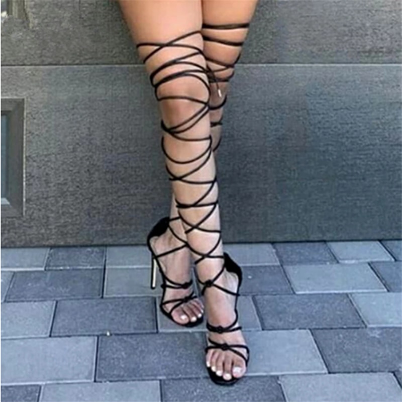Lace Up Cross Over The Knee High Heel Women Sandals Open Toe Summer Boots Cutout Ladies Casual Shoes Woman Gladiator Sandals