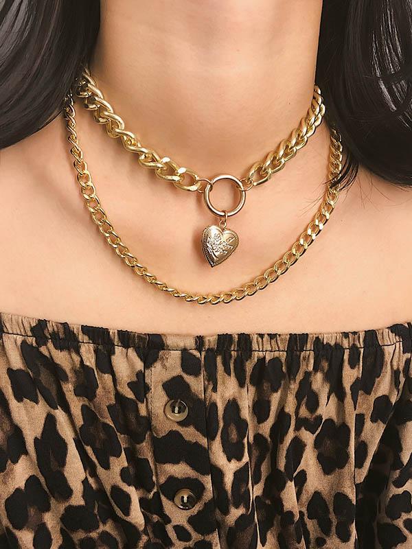 Vintage Chain Choker Layered Heart Pendant Necklaces