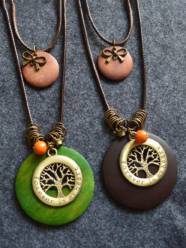 Wood Two-pieces Tree&bowknot Pendant Necklace