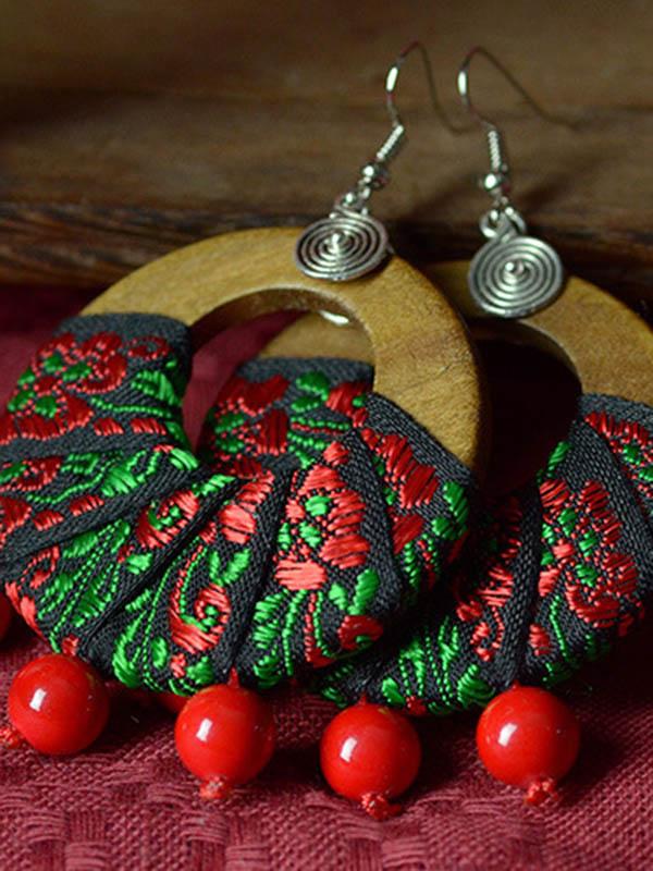 Vintage Wood Cloth Embroidered Earrings-2