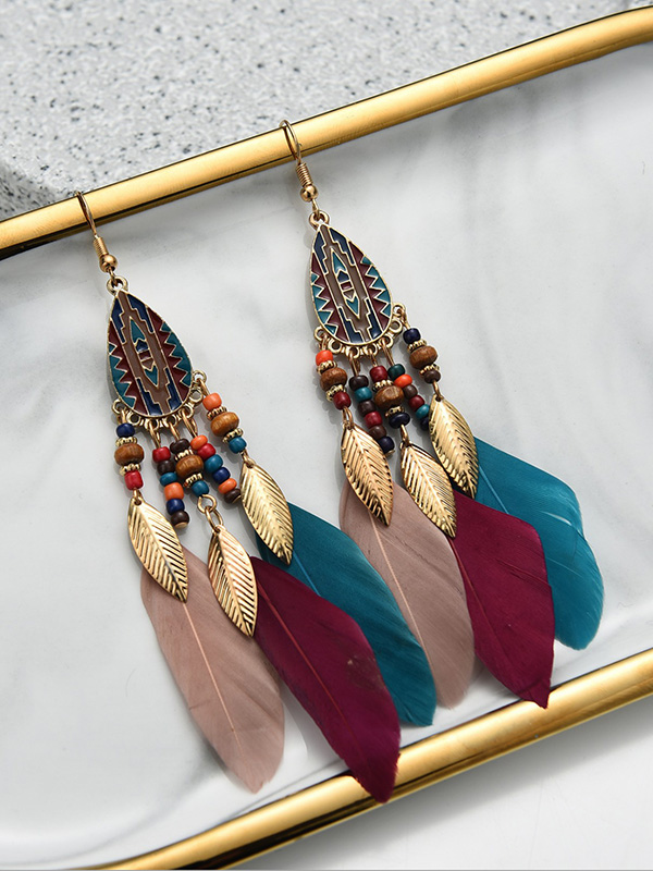 Feather Tassels Beads Chain Earrings