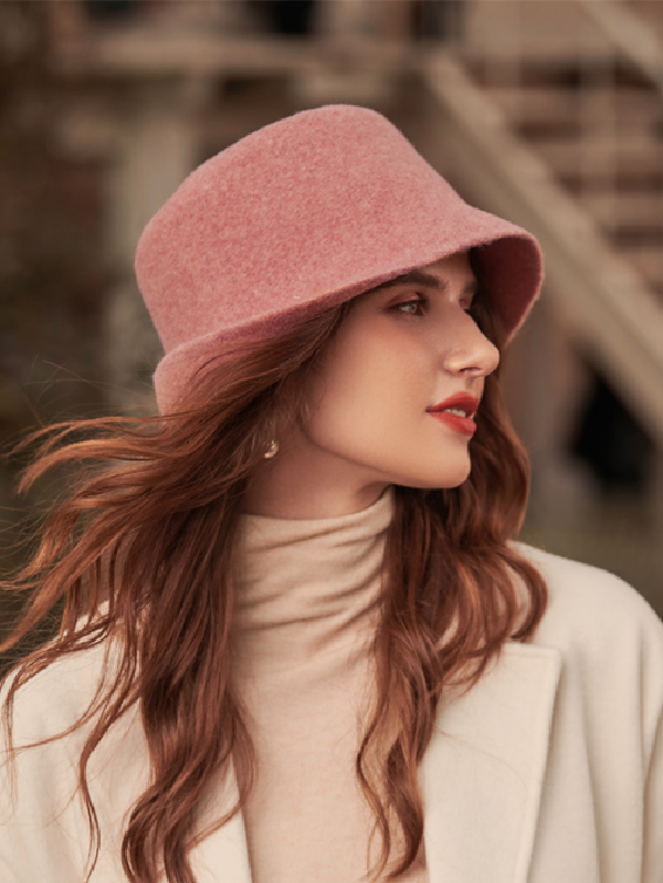 Pink Vintage Solid Color Wool Bucket Hat