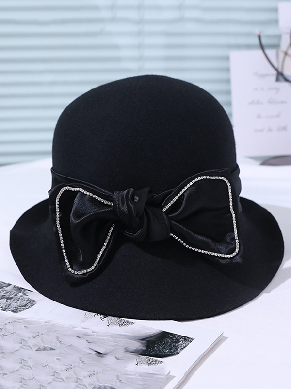 Black Vintage Contrast Color Bow-embellished Felt Hat