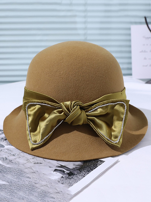 Khaki Vintage Contrast Color Bow-embellished Felt Hat