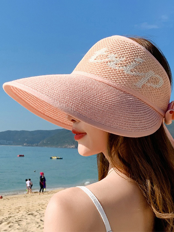 Pink Simple Breathable Sun Protection Bow-embellished Sun Hat Straw Hat