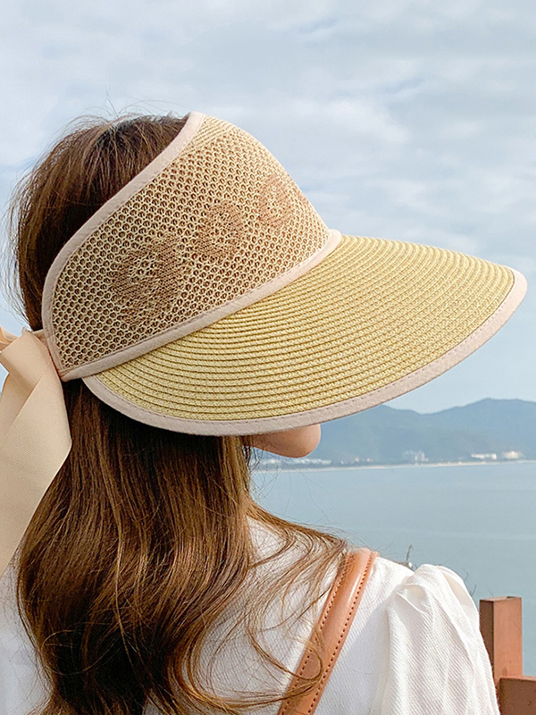 Beige Simple Breathable Sun Protection Bow-embellished Sun Hat Straw Hat