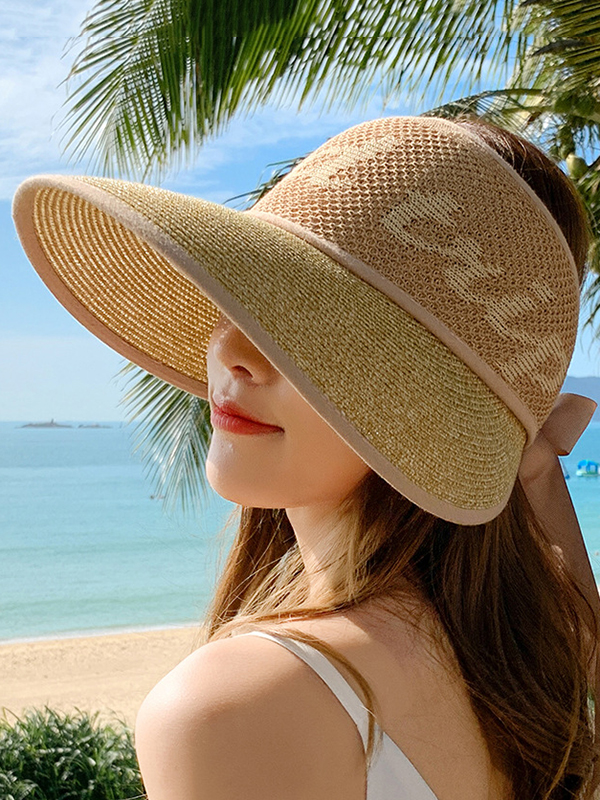 Khaki Simple Breathable Sun Protection Bow-embellished Sun Hat Straw Hat