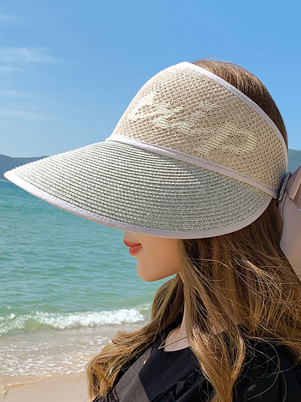 Gray Simple Breathable Sun Protection Bow-embellished Sun Hat Straw Hat