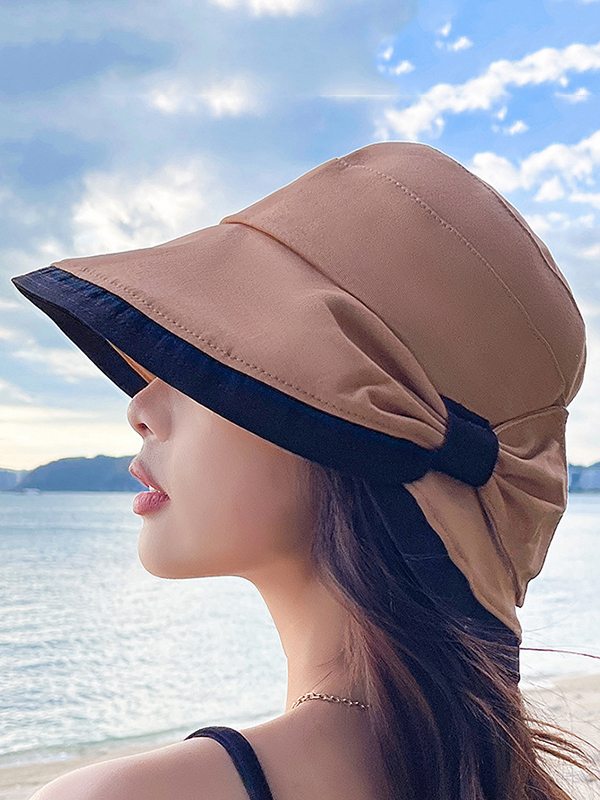 Coffee Casual Contrast Color Bow-embellished Sun Protection Sun Hat