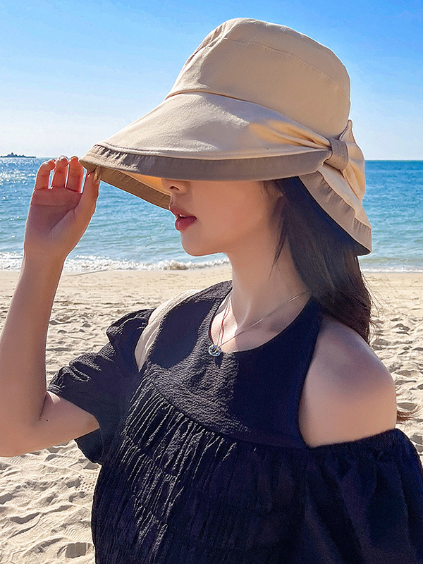Khaki Casual Contrast Color Bow-embellished Sun Protection Sun Hat