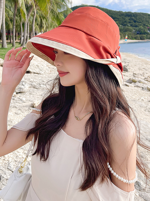 Brick Red Casual Contrast Color Bow-embellished Sun Protection Sun Hat