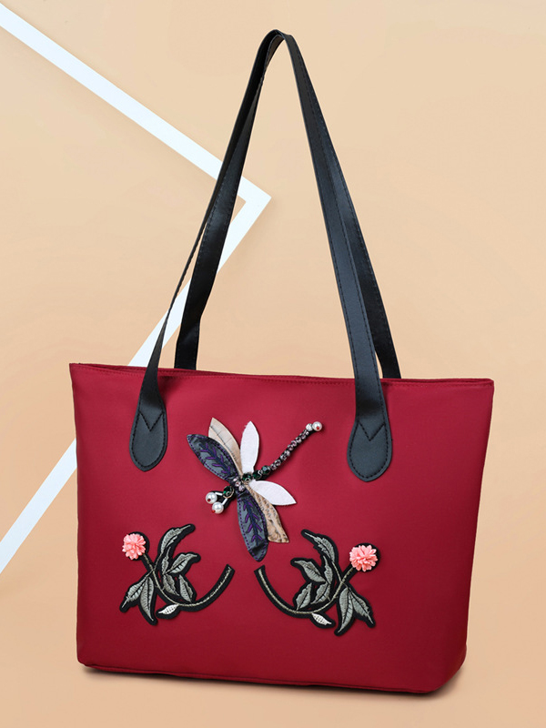 Red Vintage Embroidered Floral Applique Oxford Cloth Bag