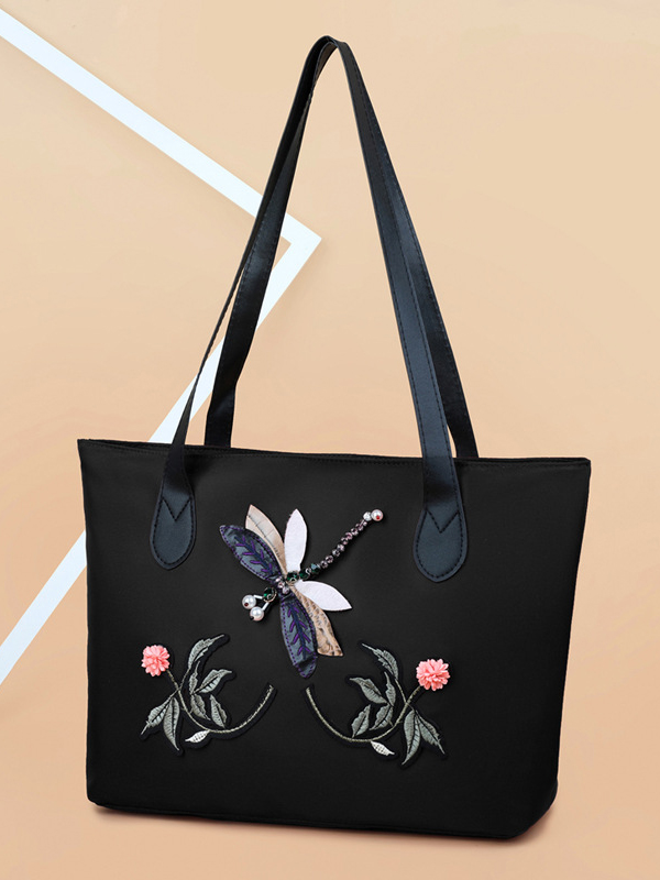 Black Vintage Embroidered Floral Applique Oxford Cloth Bag
