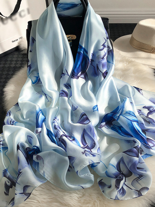 Blue Vintage Urban Floral Printed Silk Imitation Shawl&scarf