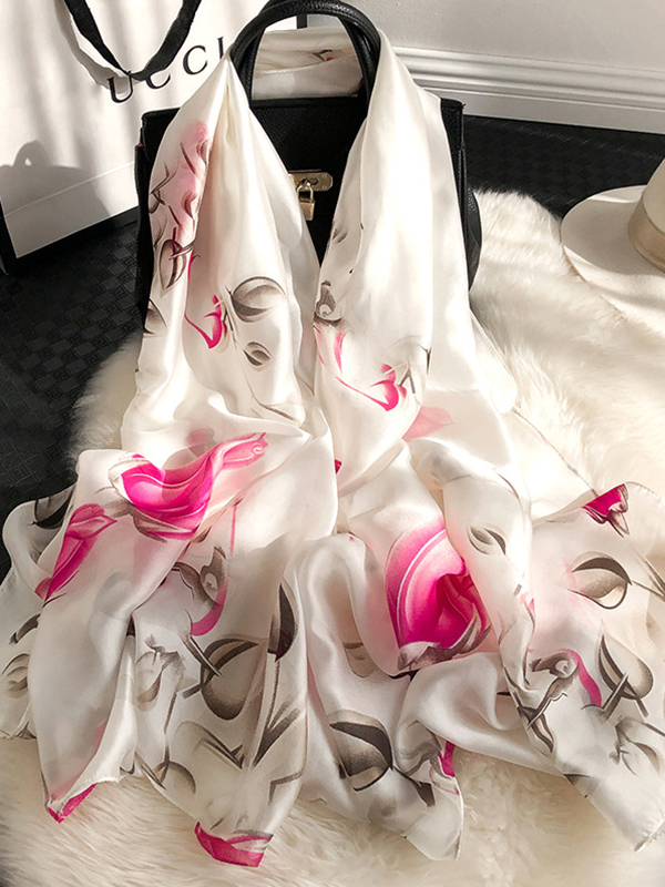 Milk White Vintage Urban Floral Printed Silk Imitation Shawl&scarf