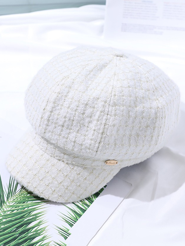 WHITE Vintage Contrast Color Houndstooth Plaid Woolen Hat