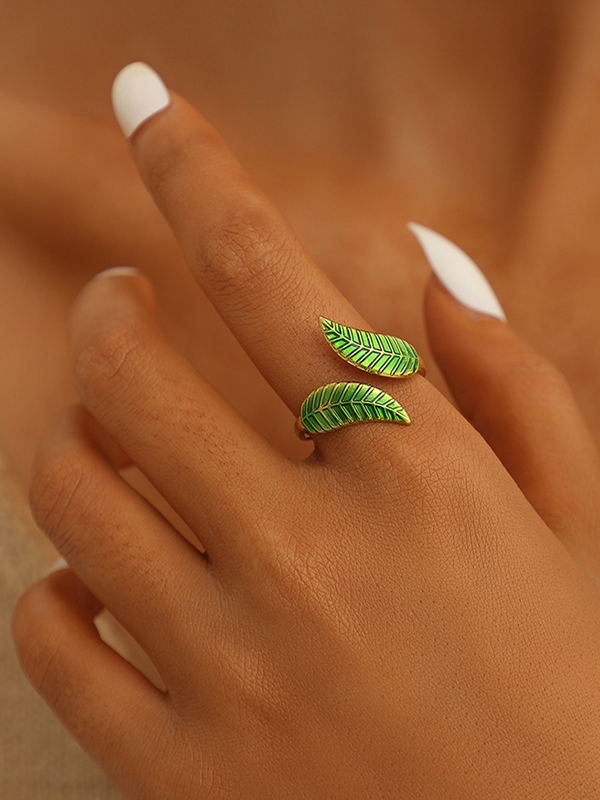 Gold Green Original Leaf Shape Adjustable Ring