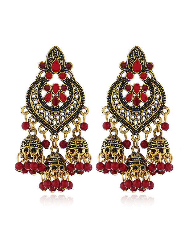 Red Original Vintage Beads Tassels Earrings
