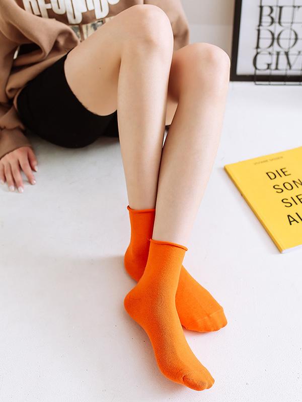 Orange Solid Color Rolled Socks
