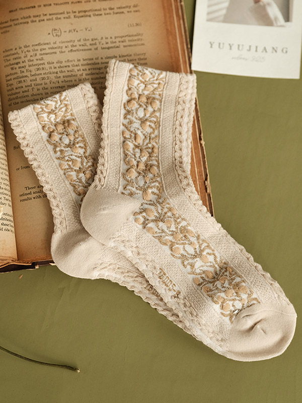 Beige Vintage Jacquard Cotton Socks Accessories