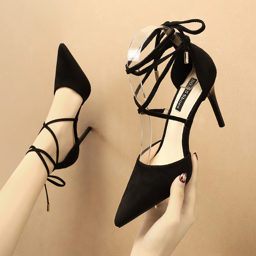 Fashion Suede Pointed Cross Tie Bow High Heel Shoes Night Shop Sexy Slim Heel Women's Shoes-black
