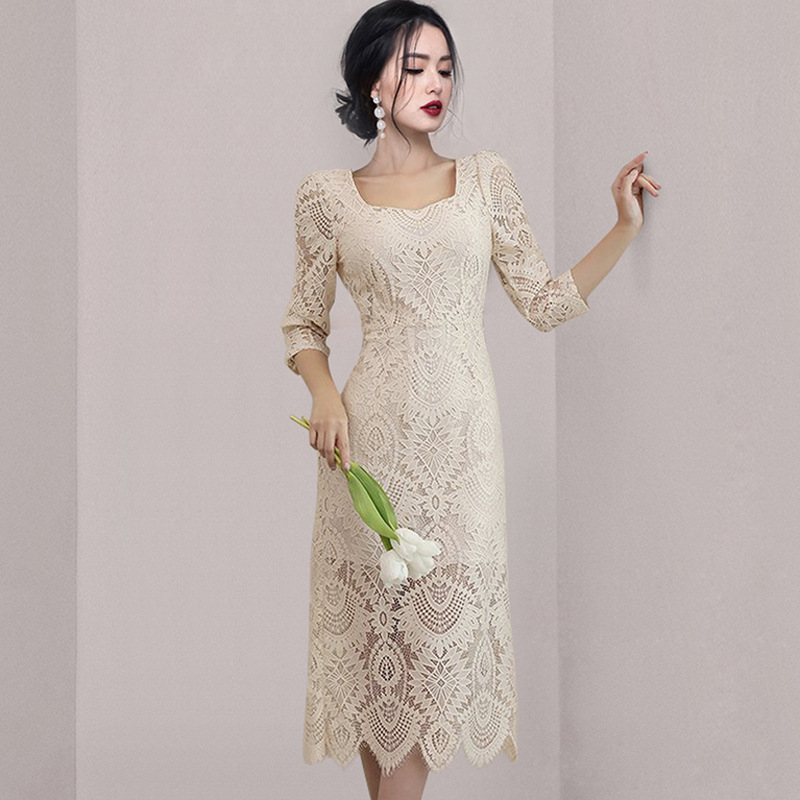 Lace Square Neck Hollow Out Midi Dress