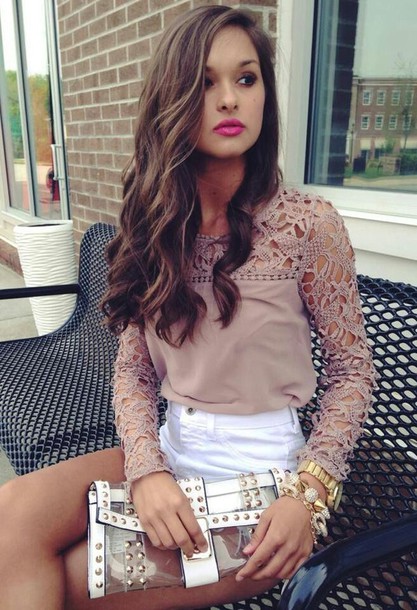 Hollow Out Lace Sleeves Chiffon Blouse