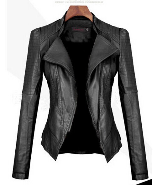 Turn Down Pu Leather Womens Jacket