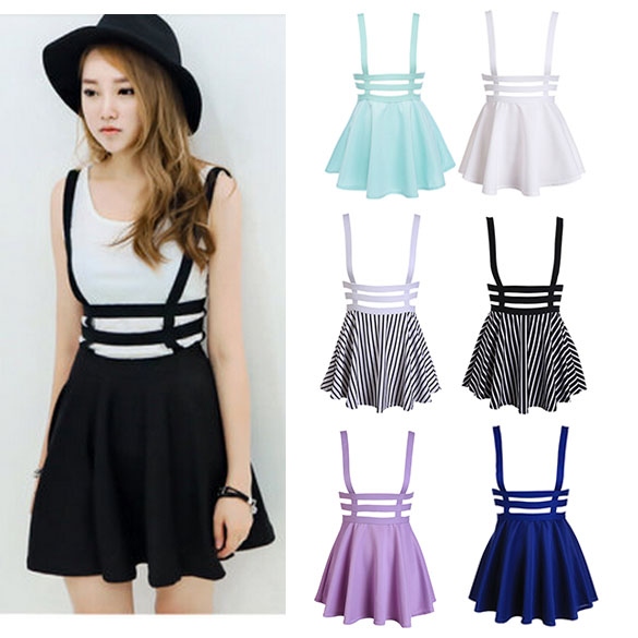 Women Sexy Pleated Suspender Skirt Braces Hollow Out Bandage Mini Skater Dress