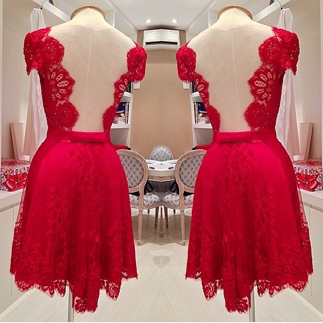 Shinning Red Backless Short Sleeves Short Lace Party Dress
