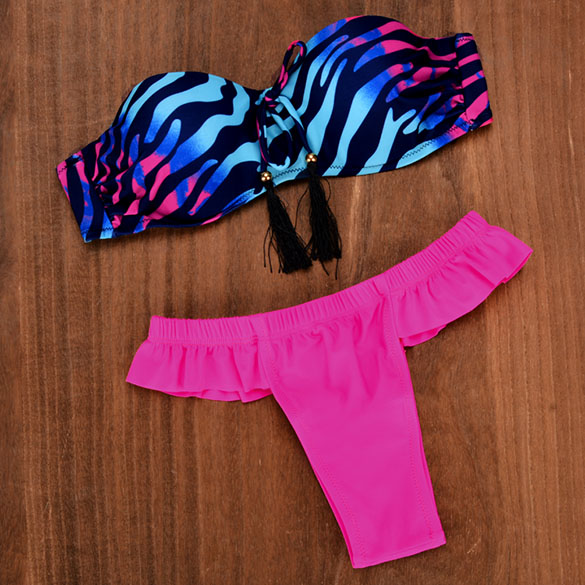 Strapless Push Pu Stripe Bra And Briefs Low Waist Two Pieces Bikini Swimwear