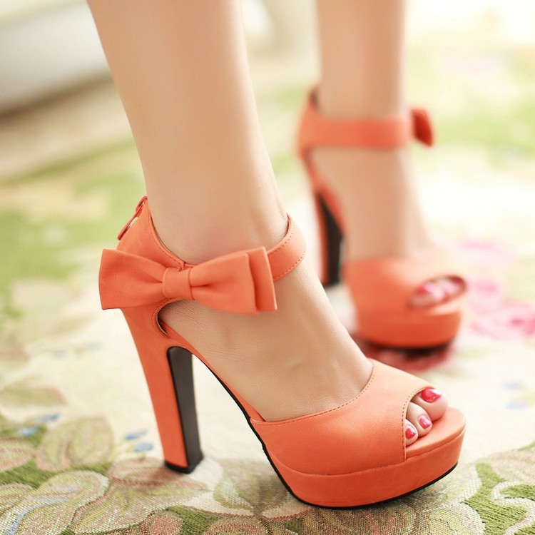 Cute Candy Color Bow Knot Thick Heel Platform Sandals