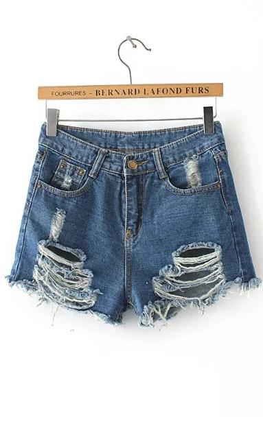 Heavily Distressed High Waisted Denim Shorts Featuring Front And Back Pockets