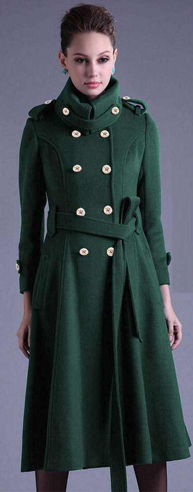 Stand Collar Button Belt Pleated Long Coat
