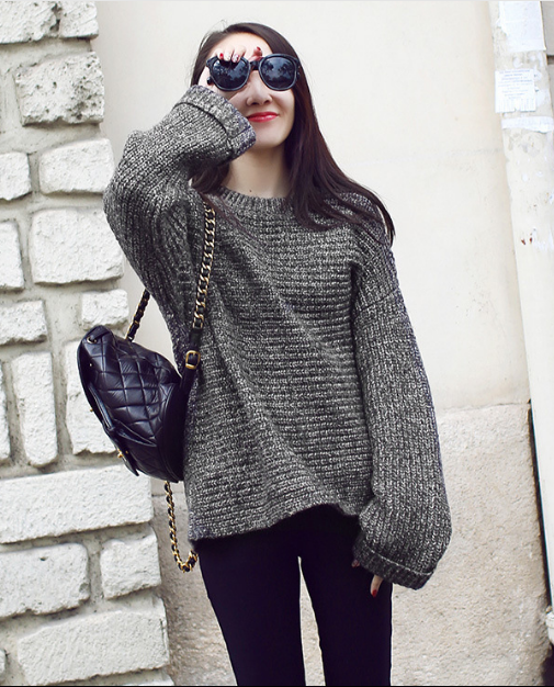 Lazy Style Loose Batwing Pullover Solid Color Sweater