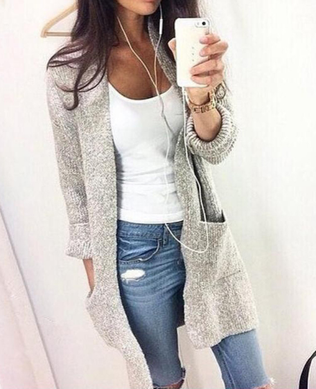 Fashion Long Cardigan Splicing Solid Color Sweater