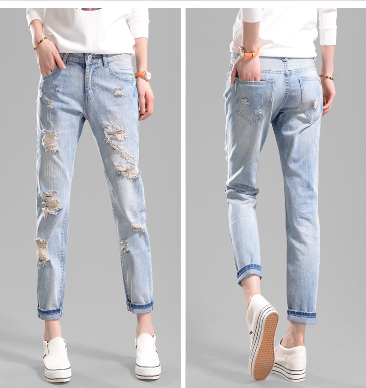 Ripped Holes Beggar Straight Loose High Waist Jeans on Luulla