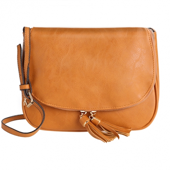 Leather Saddle Shoulder Bag Featuring Zipper And Tassel Detailing