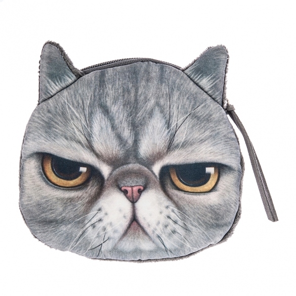 Fashion Women Lady 3d Cat Face Pattern Coin Purse Wallet Clutch Bag Cute Cat Change Purse Dark Gray
