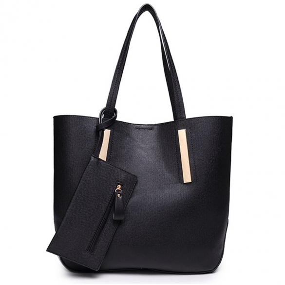 Faux Leather Tote Bag Featuring Long Shoulder Straps and Attached Pouch 
