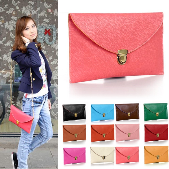 Fashion Women's Golden Chain Envelope Purse Clutch Synthetic Leather Handbag Shoulder Bag Dinner Party